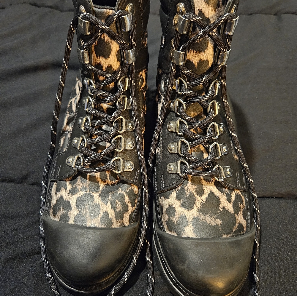 Aldo Leopard-Print Lace-Up Combat Boots - Black and Brown